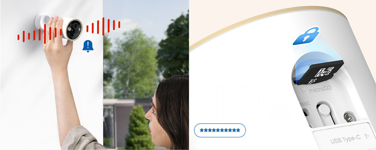 Kamera TP-LINK Tapo C460 Zewnętrzna / Wewnętrzna, Wi-Fi, Bezpieczeństwo, dane, alarm, ochrona, Alarm po dotknięciu kamery i montaż karty pamięci.