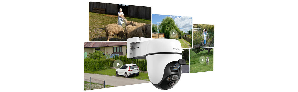 Kamera TP-LINK Tapo C610 Zewnętrzna, Wi-Fi, Kamera obrotowa, sygnał, zasięg, podgląd, łączność, na białym tle kamera wraz z nagraniami z kamery