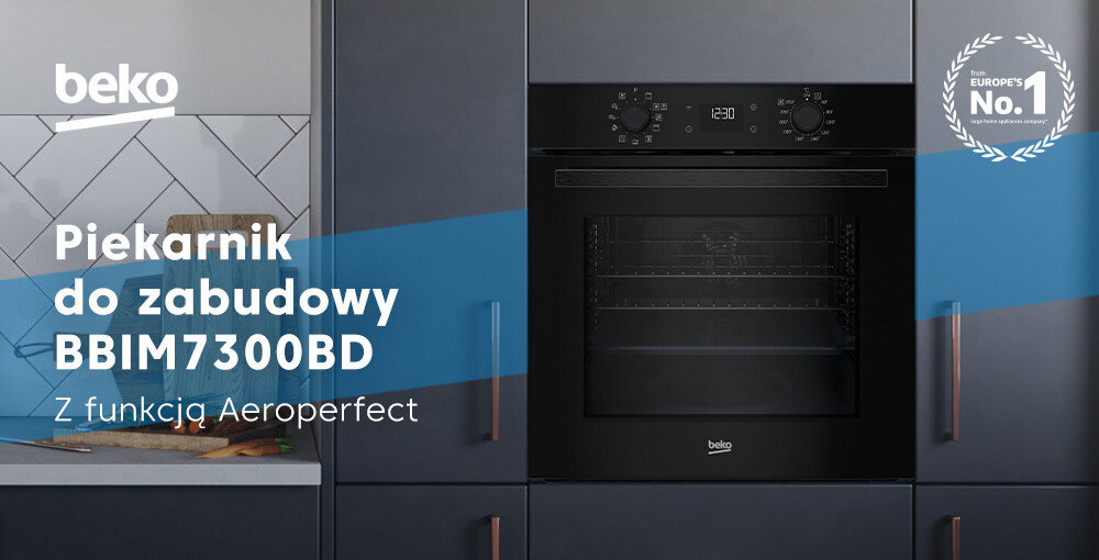 PIEKARNIK BEKO BBIM7300BD top baner logo wizualizacja front czarny panel wyświetlacz pokrętła zabudowa kuchnia Aeroperfect