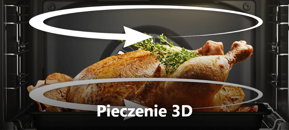 PIEKARNIK BEKO BBIM7300BD Kurczak pieczony w piekarniku z zaznaczonym obiegiem gorącego powietrza wokół potrawy; napis „Pieczenie 3D” podkreśla równomierne nagrzewanie z każdej strony pieczenie 3D równomierne efekty wszystkie grzałki szybkie pieczenie