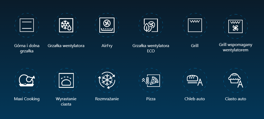 PIEKARNIK BEKO BBIM7300BD Grafika z ikonami przedstawiającymi dostępne funkcje piekarnika na granatowym tle, m.in.: pieczenie z wentylatorem, górne i dolne grzanie, dolne ogrzewanie, grill, funkcję 3D oraz kombinacje z termoobiegiem i wentylatorem różne programy pieczenie grill termoobieg elastyczne ustawienia