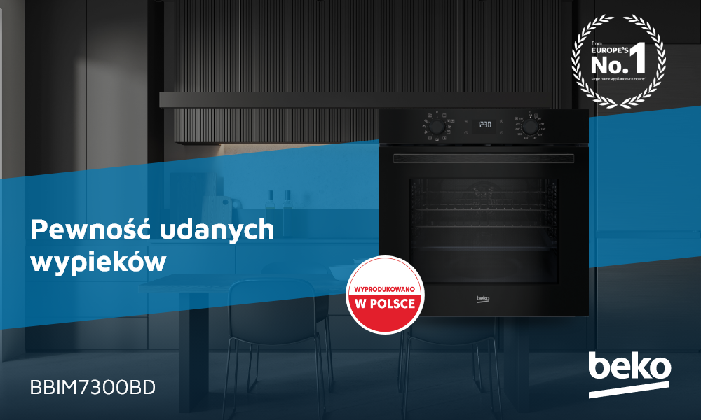 Czarny piekarnik do zabudowy z panelem sterowania i wyświetlaczem cyfrowym, umieszczony w nowoczesnej kuchni. Widoczny tekst: \'beko Piekarnik do zabudowy BBIM7300BD Z funkcją Aeroperfect\'.