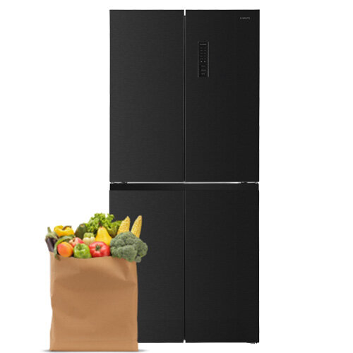 Lodówka MPM-404-SBF-14/D, obok papierowa torba wypełniona warzywami i owocami.