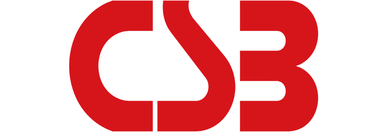 Logo z czerwonym napisem \'CSB\' na białym tle.