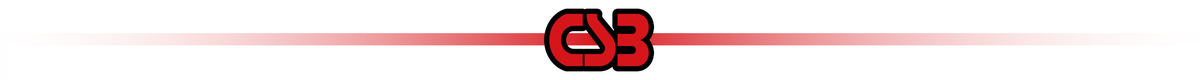 Logo z literami \'CSB\' w kolorze czerwonym z czarnym konturem, umieszczone na tle z czerwonym gradientem.
