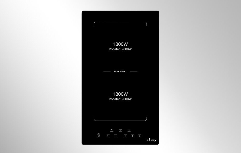 Płyta indukcyjna ISEASY LI2V-15 Płyta indukcyjna prezentuje dwie strefy grzewcze o mocy 1800W z funkcją Booster, przedstawione na czarnym, gładkim panelu. U dołu widoczny jest panel dotykowy z czytelnymi ikonami