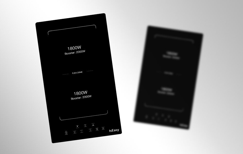 Płyta indukcyjna ISEASY LI2V-15 Płyta została przedstawiona na pierwszym planie w ostrej formie, a druga w tle jest rozmyta dla podkreślenia głównego produktu. Wyraźnie widać oznaczenia mocy oraz panel sterowania timer gotowania naczynia indukcyjne stal