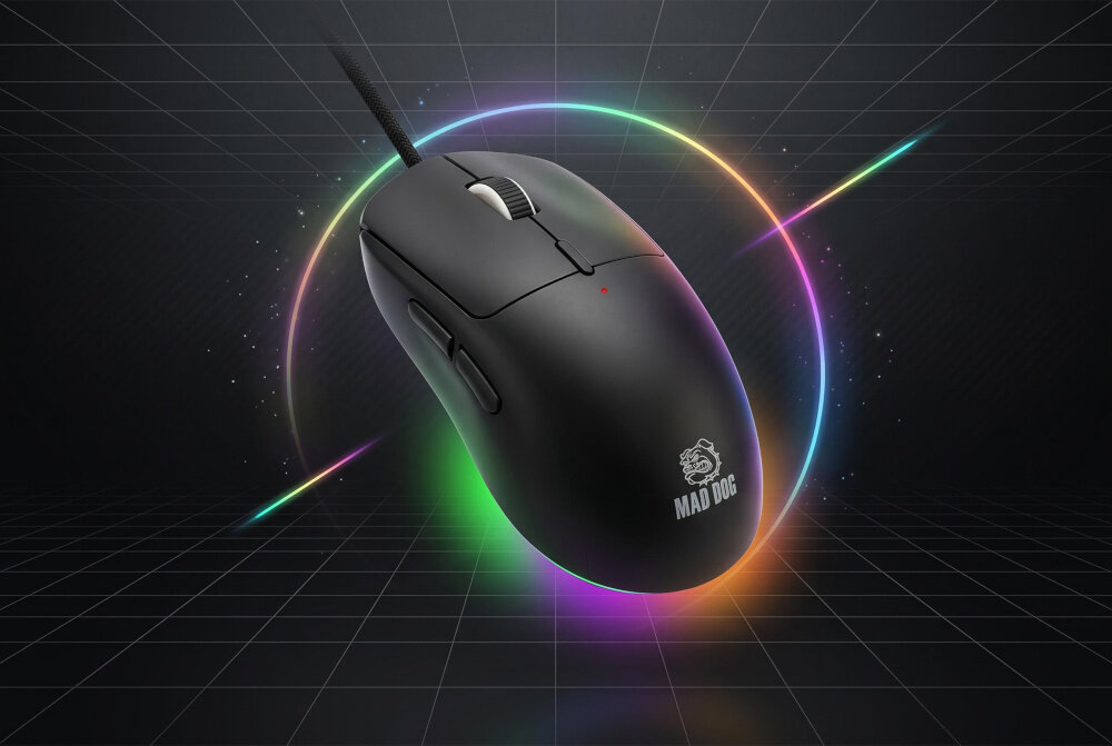 Mysz MAD DOG GM550K Czarny ciemne tło myszka wokół kolorowe światła precyzja gaming