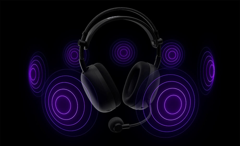 Słuchawki SONY Inzone H9 II z dźwiękiem przestrzennym 360 Spatial Sound 7.1 kanałowym, słuchawki nauszne od frontu otoczone z każdej strony dźwiękiem na czarnym tle