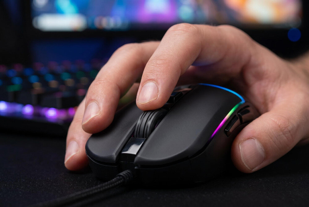 Mysz MAD DOG GM200K Czarny biurko osoba trzyma dłoń na myszy rozmazane tło sensor Instant A825 do 20 G prędkość śledzenia częstotliwość 60 IPS 1000 Hz responsywność