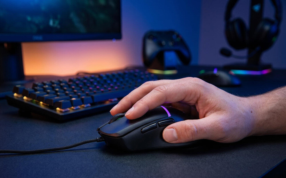 Mysz MAD DOG GM200K Czarny biurko osoba trzyma dłoń na myszy w tle komputer klawiatura kabel o długości 1,6 m Stabilne połączenie przewodowe przez USB-A podłączenie granie