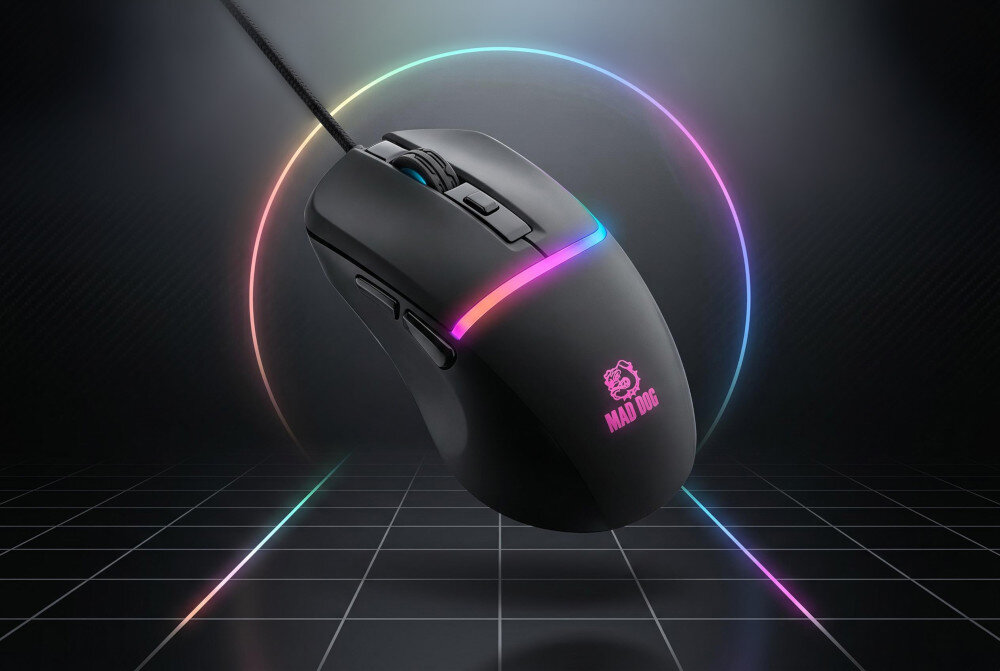 Mysz MAD DOG GM200K Czarny abstrakcyjne tło myszka z podświetleniem podświetlenie RGB kolor, efekt, rytm pulsowania gasisz podświetlenie jednym kliknięciem sensor i polling rate działają tak samo z RGB i bez