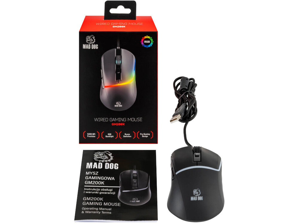 Mysz MAD DOG GM200K Czarny zestaw na białym tle