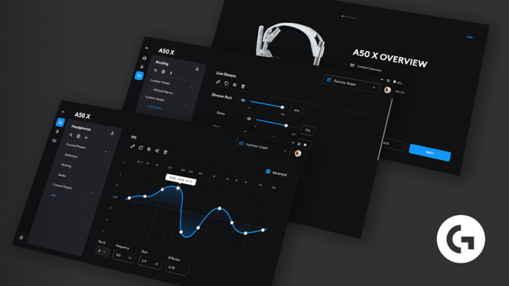 Słuchawki LOGITECH A50X McLaren Racing Edition G HUB aplikacja mobilna kontrola dźwięku, kadry z aplikacji Logitech G HUB