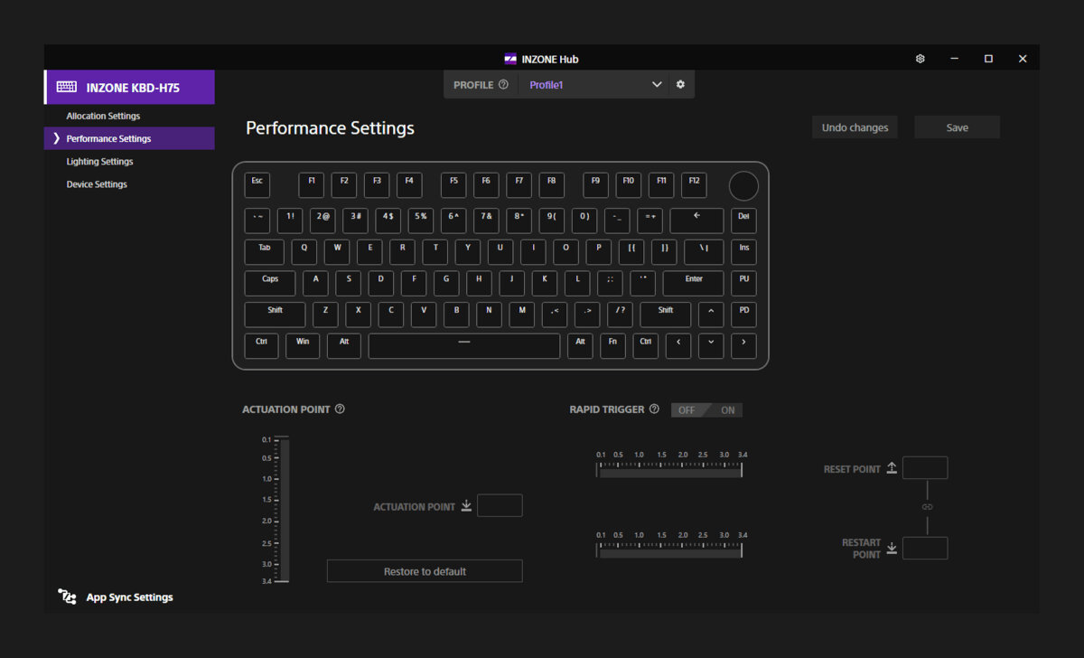SONY Inzone KBD-G900 INZONE Hub przypisania funkcji do klawiszy po regulację punktów aktywacji i funkcję Rapid Trigger lekkie naciśnięcia klawiszy podświetlenie RGB - oprogramowanie INZONE HUB
