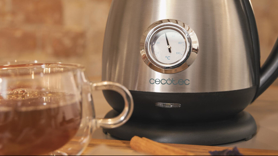 Czajnik CECOTEC Thermosense 620 Retro Steel Kontrola temperatury wody Wbudowany termometr analogowy HERBATA KAWA NAPARY ZIOŁOWE