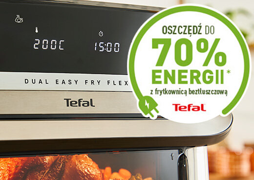 Panel frytkownicy beztłuszczowej EY922D z wyświetlaczem i ikoną: „Oszczędź do 70% energii z frytkownicą beztłuszczową”.