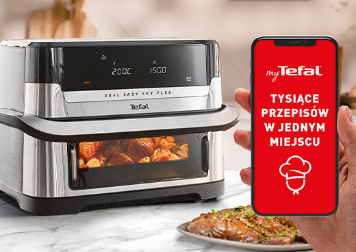 Frytkownica Dual Easy Fry Flex EY922D. obok telefonu z aplikacją myTefal. Ekran aplikacji.