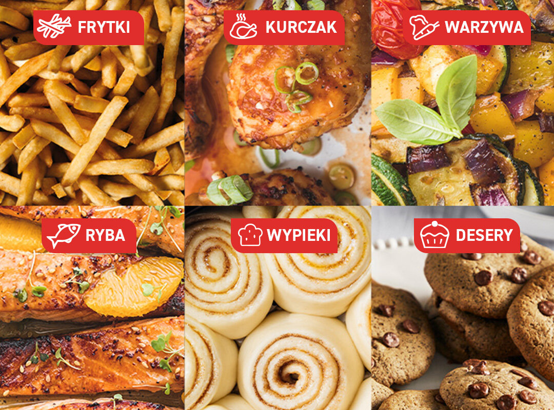 Sześć kadrów z potrawami: frytki, kurczak, warzywa, ryba, bułeczki cynamonowe i ciastka.