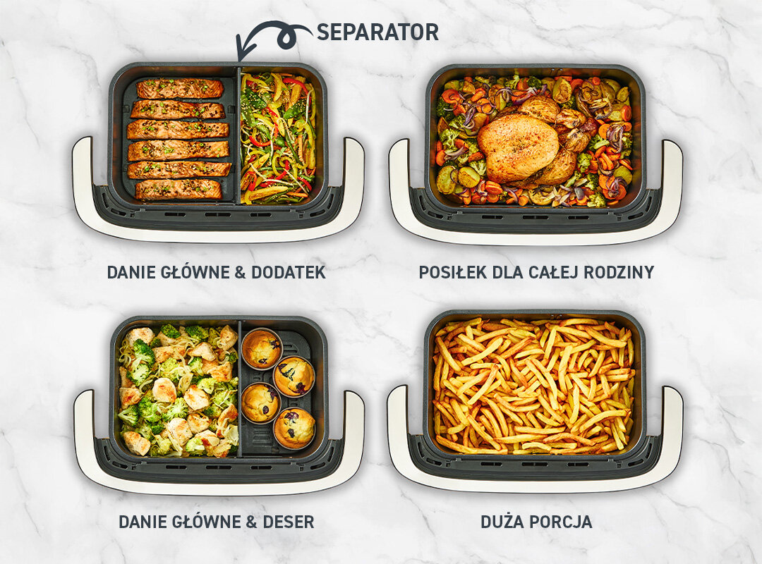Cztery przykłady użycia kosza z separatorami frytkownicy EY922D.: dania główne, dodatek, duża porcja, danie z deserem.