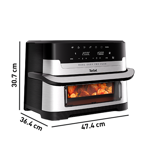 Frytkownica Dual Easy Fry Flex EY922D z oznaczeniem poszczególnych wymiarów: 30,7 cm x 36,4 cm x 47,4 cm.