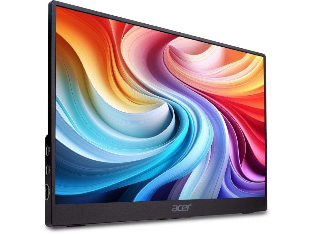 Monitor ACER PM161Q B1 Zdjęcie monitora z widocznym kolorowym ekranem, przedstawiającym abstrakcyjne, wielobarwne fale w odcieniach czerwieni, pomarańczu, błękitu i fioletu. Po lewej stronie obudowy widoczne są porty USB-C i HDMI, opis