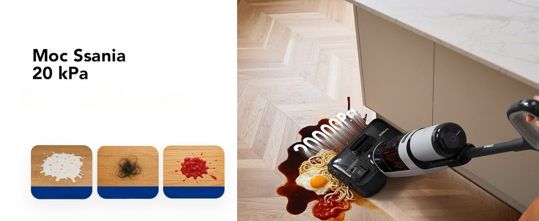 Odkurzacz TINECO Floor One I5 Stretch Plus Wygoda użytkowania  2 w 1 odkurzanie i mycie moc silnika ssanie kurz zanieczyszczenia czysta powierzchnia