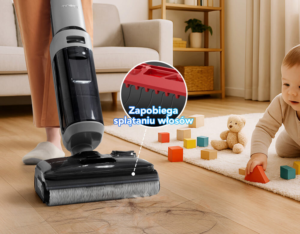 Odkurzacz TINECO Floor One I5 Stretch Plus Łatwy dostęp Konstrukcja „lay-flat” 180° porządek Technologia Anti-Tangle włosy sierść wygoda komfort użytkowanie korzystanie