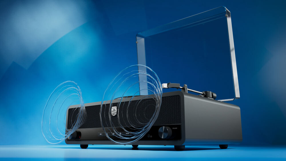 PHILIPS TAV3000B/10 gramofon głośniki stereo przetworniki bass-reflex, gramofon po skosie na niebieskim tle