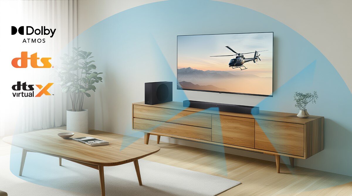 Soundbar SHARP HT-SBW312 Dolby Atmos DTS Virtual:X, surround, trójwymiarowy dźwięk, soundbar z subwooferem stojący na szafce pod zawieszonym telewizorem