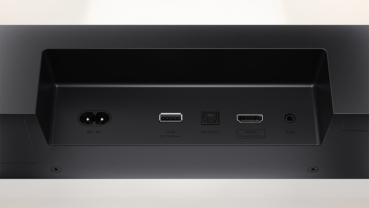 Soundbar SHARP HT-SBW312 USB MP3 WAV FLAC, wejścia optyczne i analogowe, swoboda podłączeń, kadr soudbara na złącza