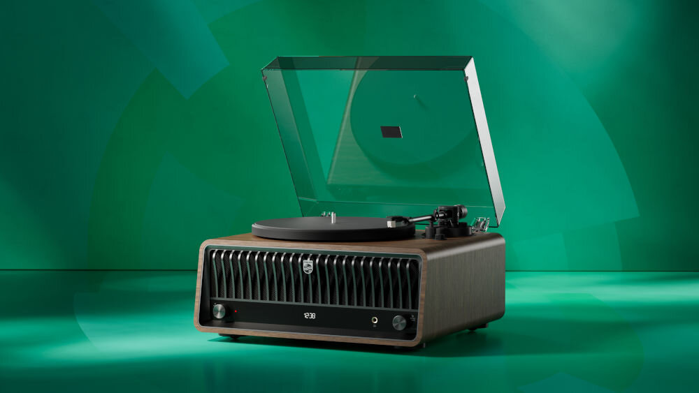 Gramofon PHILIPS TAV9000D/10 styl retro drewniana obudowa Bluetooth aplikacja, gramofon po skosie na zielonym tle