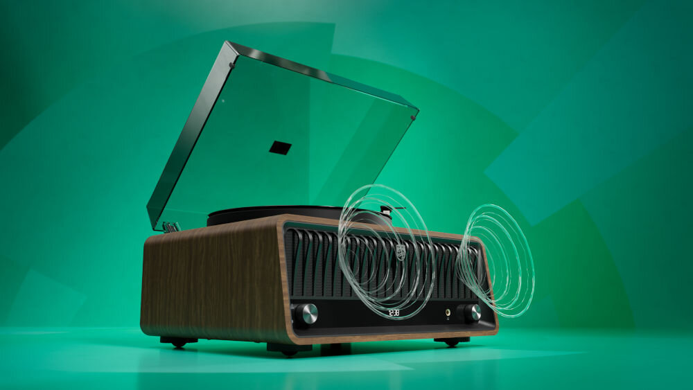 Gramofon PHILIPS TAV9000D/10 mocne brzmienie 240 W głośniki bass reflex, gramofon po skosie na zielonym tle