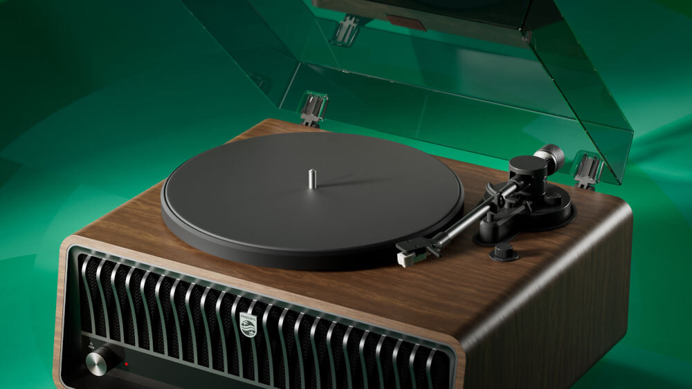 Gramofon PHILIPS TAV9000D/10 napęd paskowy dwie prędkości aluminiowy talerz, gramofon po skosie na zielonym tle