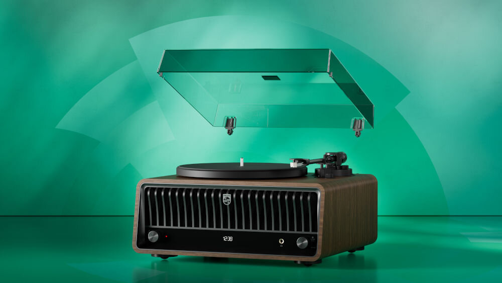 Gramofon PHILIPS TAV9000D/10 sterowanie dotykowe wyświetlacz LED regulacja jasności, gramofon po skosie na zielonym tle
