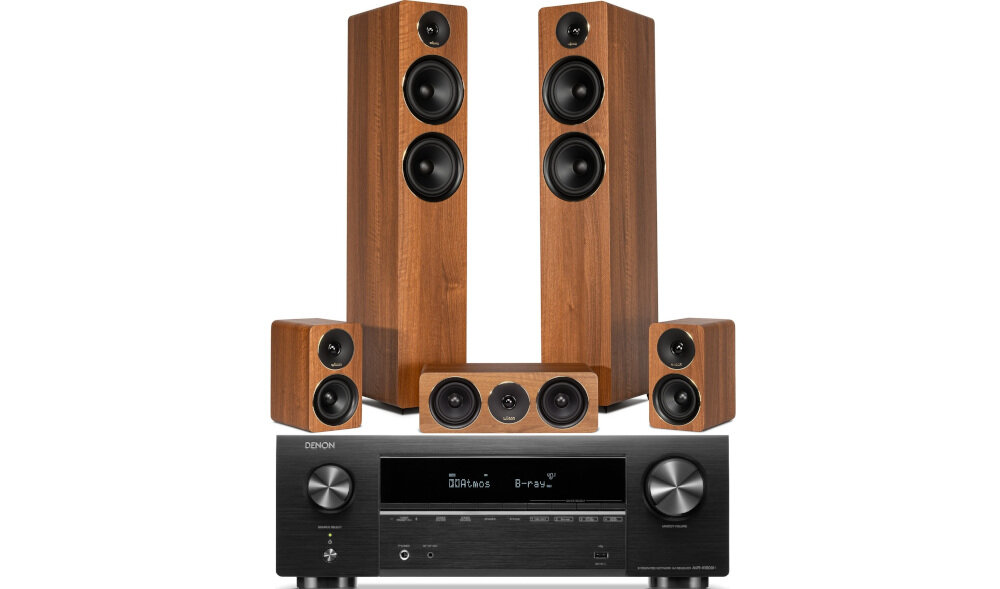 Kino domowe DENON AVR-X2800H + WILSON Scenix 5.0 zestaw 7.2 amplituner kolumny dźwięk przestrzenny, kino domowe na białym tle