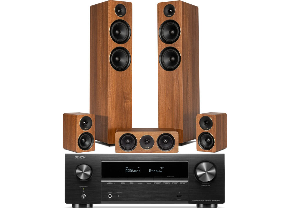 Kino domowe DENON AVR-X1800H + WILSON Scenix 5.0 zestaw 7.2 dźwięk przestrzenny amplituner i kolumny, kino domowe od frontu na białym tle