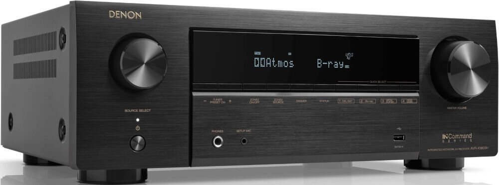 Kino domowe DENON AVR-X1800H + WILSON Scenix 5.0 HDMI eARC ARC podłączenie TV, amplituner po skosie na białym tle