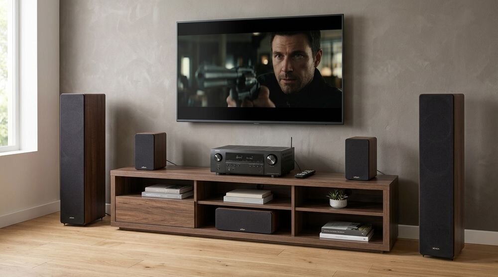 Zestaw Kina Domowego DENON AVR-S670H + WILSON Scenix 5.0, amplituner i kolumny do kina domowego, zestaw w pomieszczeniu