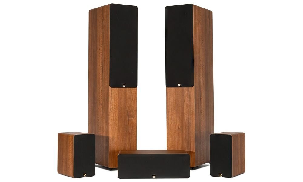 Zestaw Kina Domowego DENON AVR-S670H + WILSON Scenix 5.0, pięć pasywnych kolumn Bass-Reflex, czarne wykończenie, kolumny na białym tle