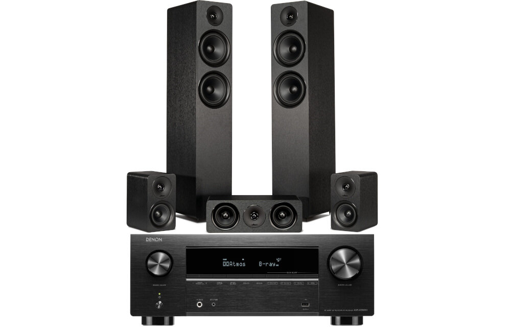 Kino domowe DENON AVR-X2800H + WILSON Scenix 5.0 zestaw 7.2 amplituner kolumny dźwięk przestrzenny, kino domowe na białym tle