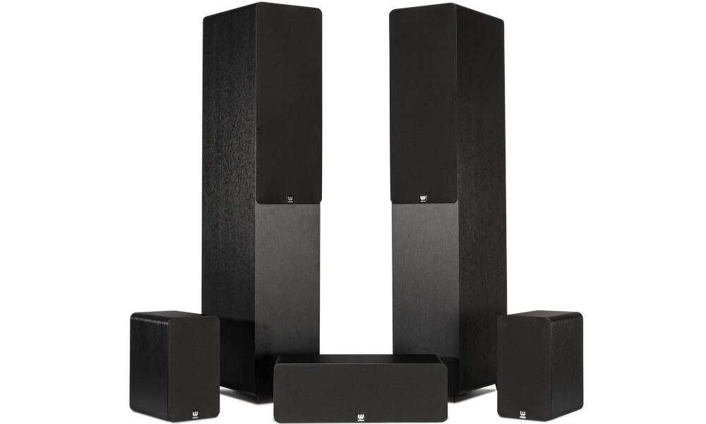 Kino domowe DENON AVR-X2800H + WILSON Scenix 5.0 Dolby Atmos dźwięk 3D kino domowe, zestaw kolumn na białym tle