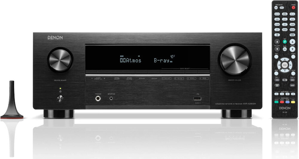 Kino domowe DENON AVR-X2800H + WILSON Scenix 5.0 DTS:X DTS Virtual:X przestrzenny dźwięk, amplituner od frontu na białym tle