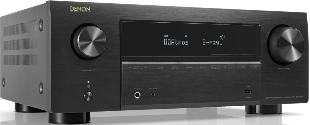 Kino domowe DENON AVR-X2800H + WILSON Scenix 5.0 8K HDR10+ Dolby Vision, amplituner po skosie na białym tle