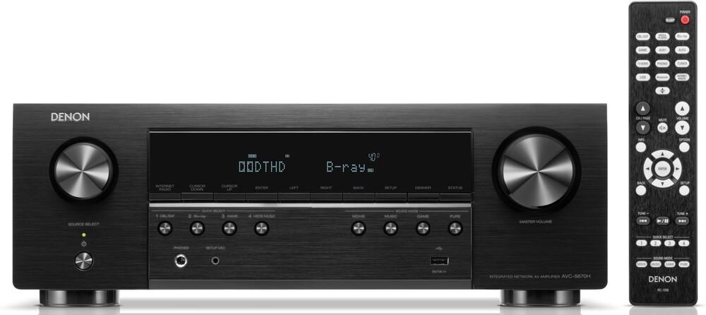 DENON AVC-S670H + WILSON Scenix 5.0, sześć wejść HDMI, wyjście HDMI eARC, obsługa 8K, Dolby Vision, HDR10+, HLG, VRR i ALLM, amplituner na białym tle