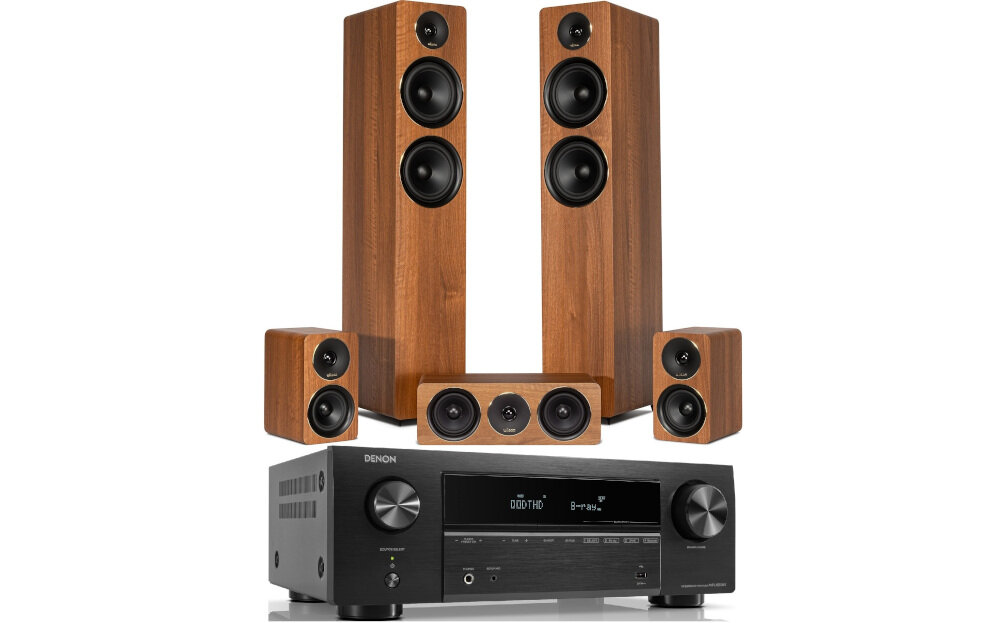 Kino domowe DENON AVR-X580BT + WILSON Scenix 5.0 zestaw 5.0 amplituner kolumny dźwięk przestrzenny, zestaw na białym tle