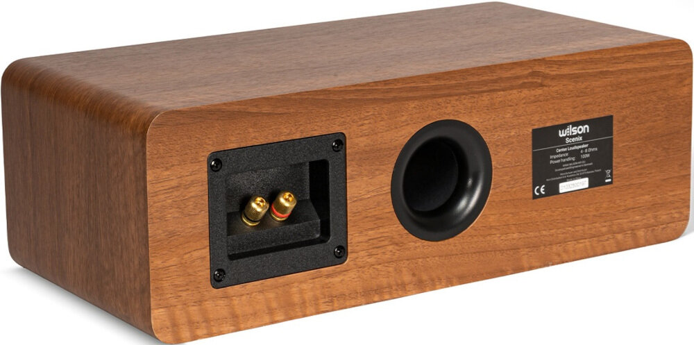 Kino domowe DENON AVR-X580BT + WILSON Scenix 5.0 VRR ALLM QFT gaming, kolumna od tyłu na białym tle