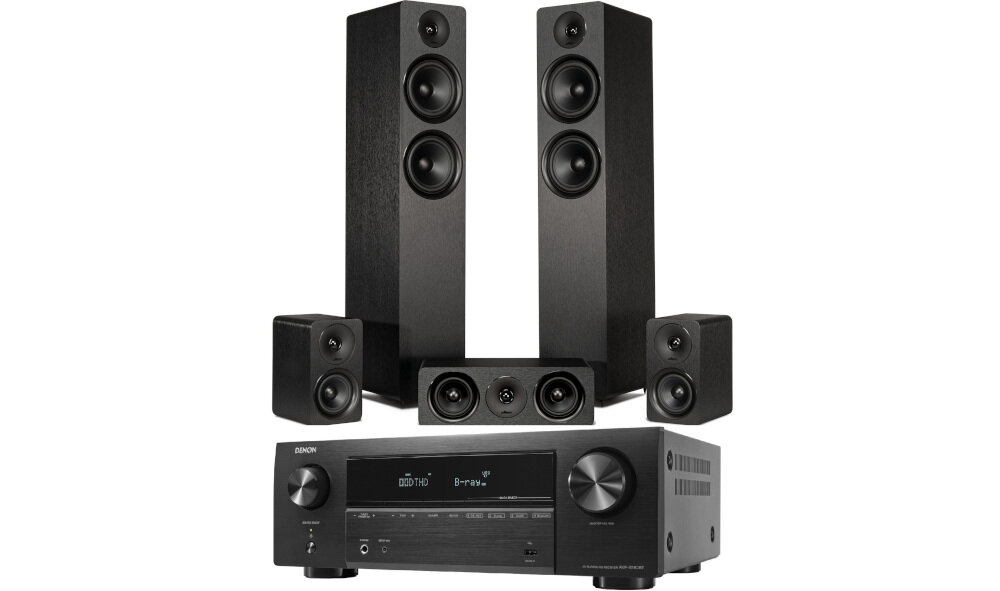 Kino domowe DENON AVR-X580BT + WILSON Scenix 5.0 zestaw 5.0 amplituner kolumny dźwięk przestrzenny, zestaw na białym tle