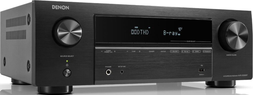 Kino domowe DENON AVR-X580BT + WILSON Scenix 5.0 HDMI ARC eARC podłączenie TV, amplituner po skosie na białym tle