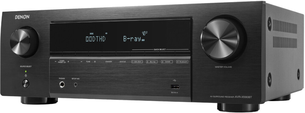 Kino domowe DENON AVR-X580BT + WILSON Scenix 5.0 8K HDCP 2.3 skalowanie obrazu, amplituner po skosie na białym tle